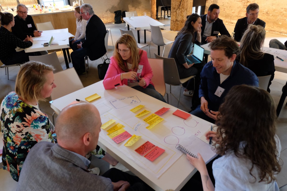 Deelnemers plakken post-its op een groot vel papier