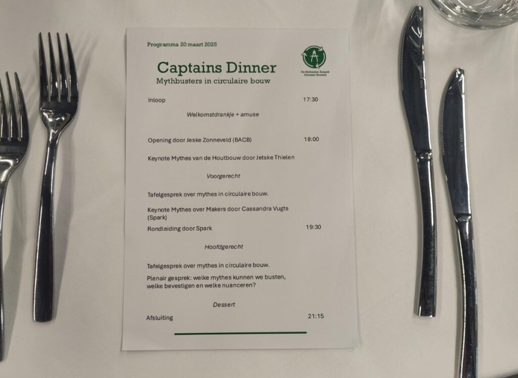 Een papiertje op tafel met het programma van het BACB-Captains Dinner 2025
