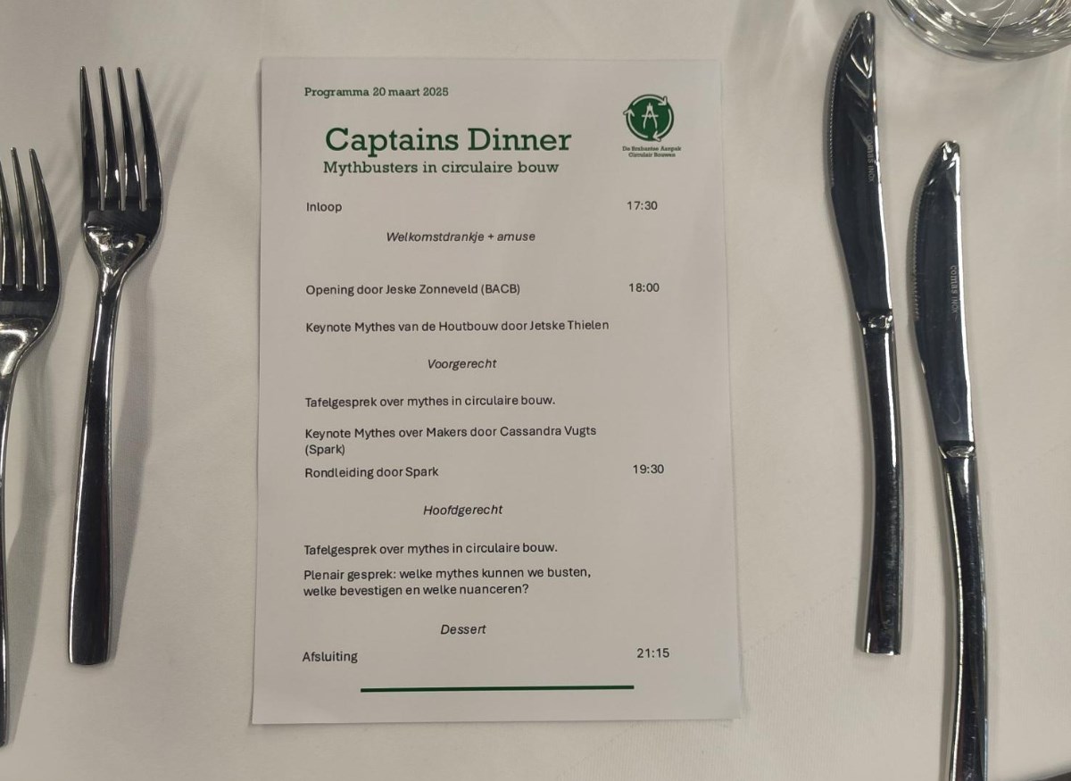 Een papiertje op tafel met het programma van het BACB-Captains Dinner 2025